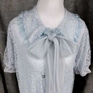 Vintage Baby Blue Floral Lace Kitty Bow Nightgown Duster Robe Pastel Coquette